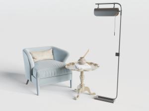 简欧蓝色布艺单人沙发落地灯3d模型 简欧蓝色布艺单人沙发落地灯