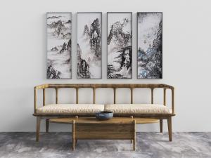 新中式实木多人沙发茶几组合