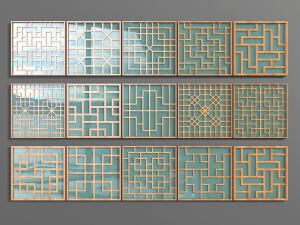 新中式方形雕花窗格构件