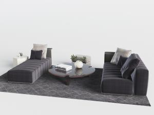 现代布艺多人沙发、贵妃椅美人榻和圆形茶几组合