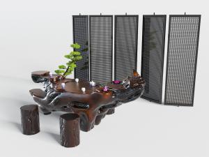 中式根雕茶桌茶凳组合