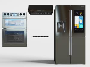 现代黑色带饮水机的双门电冰箱、烤箱厨房电器