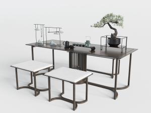 中式实木茶桌茶凳组合