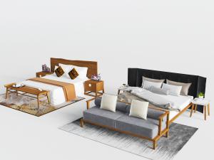 现代实木双人床、床尾凳