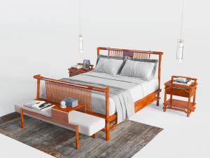 中式实木双人床床头柜和床尾凳