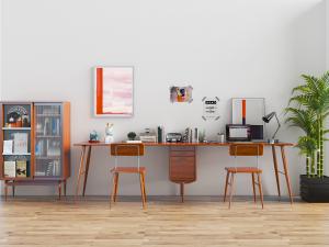 北欧超长实木双人位书桌椅、装饰柜3d模型 北欧超长实木双人位书桌椅、装饰柜