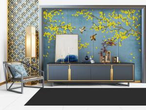 新中式电视柜、电视背景墙和休闲椅子