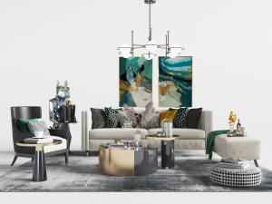 新中式多人沙发、沙发凳和休闲椅子组合