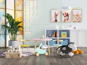 儿童活动区置物装饰柜、圆桌椅和玩具木马