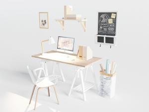 北欧实木书桌椅组合3d模型 北欧实木书桌椅组合