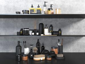 现代黑色置物架上的卫浴用品