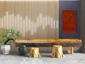 中式原木茶桌茶凳