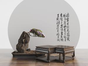 中式实木茶几、假山盆景