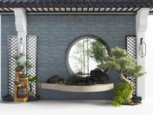 中式松树窗格景观小品