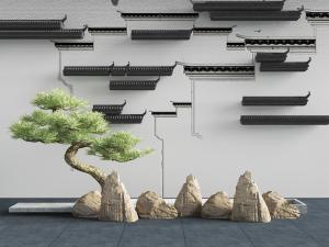 中式松树石头马头墙景观小品