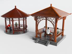 中式圆顶、三角形顶部的亭子