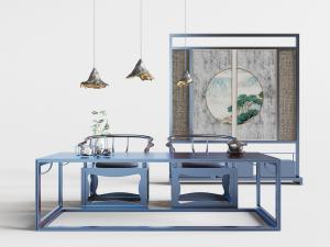 中式长方形茶桌椅组合