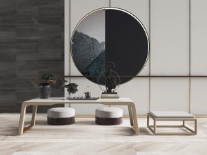 中式拱形实木茶桌、圆形坐垫和盆景植物摆件