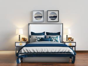 中式黑边白色布艺床头双人床、床头柜