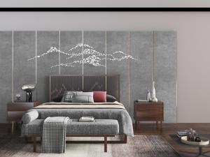 新中式带有山脉纹理的实木床头双人床、床尾凳