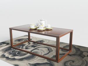 中式实木茶几和陶瓷茶具