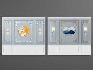 新中式装饰圆形山脉图案的墙饰护墙板