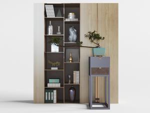 新中式实木方形花架和方形花盆盆景植物