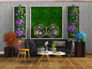 北欧布艺黑色多人沙发、白色边框植物墙