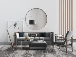 新中式实木边框灰色多人沙发、休闲椅和茶几组合