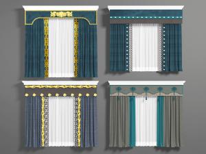 新中式蓝色带窗纱的双扇窗帘