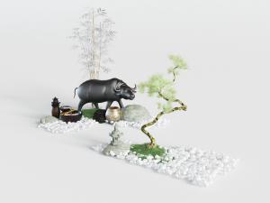 中式庭院松树、牛雕像的园艺小品