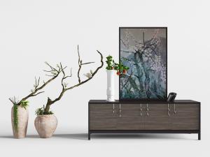 新中式装饰木纹理柜门的黑色电视柜、陶瓷盆景盆栽模