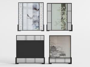 新中式带有仙鹤、花枝图案的屏风