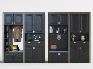 新中式镶嵌金边黑色带衣架的鞋柜