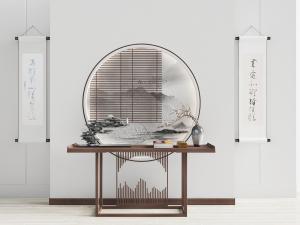 中式实木端景台、花瓶花卉3d模型 中式实木端景台、花瓶花卉