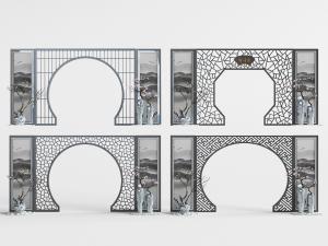 中式带拱形门的金属隔断3d模型 中式带拱形门的金属隔断