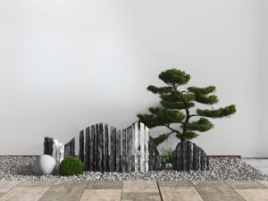 新中式庭院石头、松树景观小品