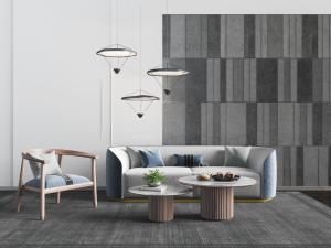 新中式蓝色外表白色坐垫的多人沙发、休闲椅和茶几组合