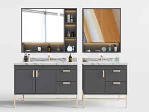 新中式大理石台面的洗手台洗手盆和浴室镜