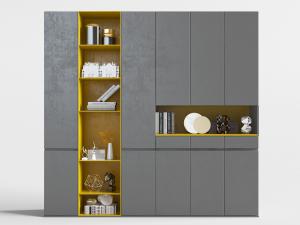 新中式灰色黄色拼接置物装饰柜