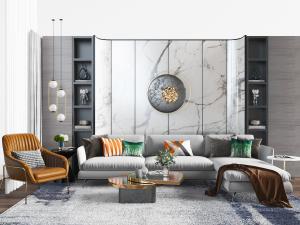 北欧灰白色多人沙发、休闲椅子和茶几组合