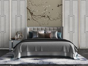 新中式布艺床头双人床、床头背景墙