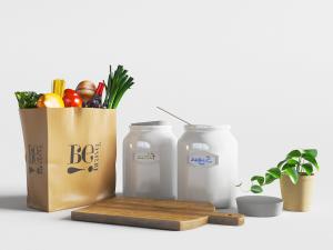 现代厨房砧板调味罐纸袋里的蔬菜厨房用品