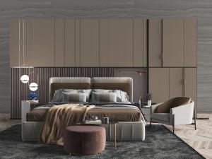 现代双人床、休闲椅子和坐墩