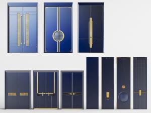 中式蓝色柜门装饰金色图案的双扇平开门