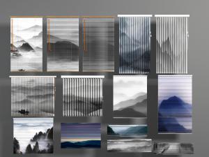 新中式带有水墨山水图案的卷帘、拉帘和百叶帘