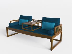 中式实木框架蓝色坐垫的罗汉床3d模型 中式实木框架蓝色坐垫的罗汉床