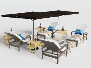 中式户外遮阳伞、藤编躺椅和边几