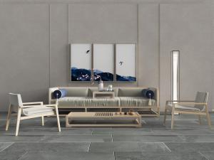 新中式浅实木边框的多人沙发、休闲椅和长方形茶几组合