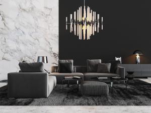 新中式灰色布艺转角多人沙发、圆形茶几和吊灯组合模